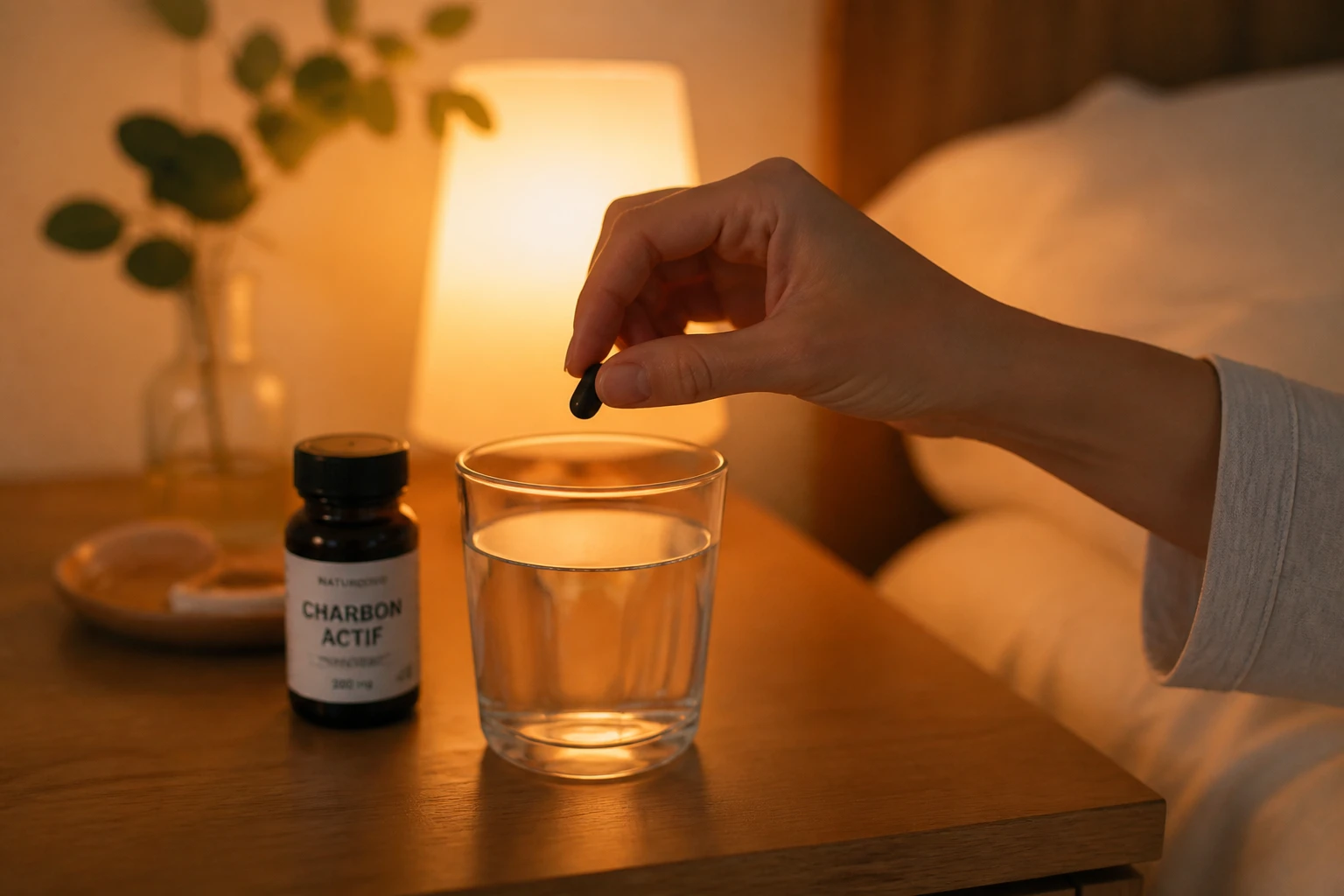 Gélule de charbon actif tenue entre deux doigts au-dessus d'un verre d'eau sur une table de chevet le soir