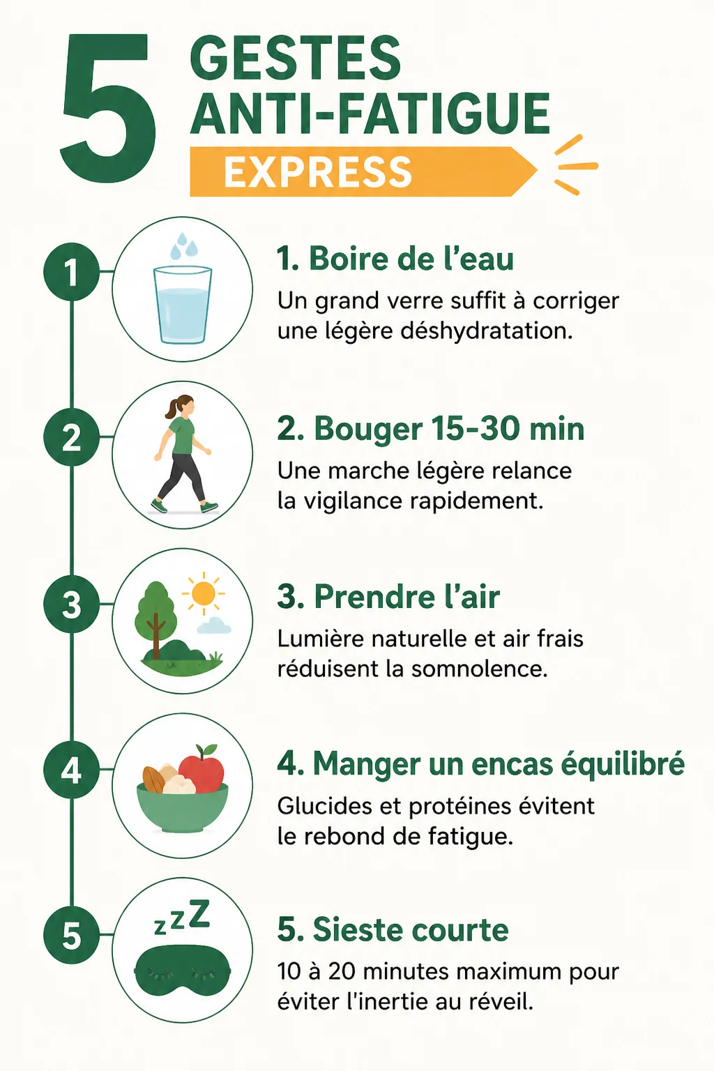 5 gestes anti-fatigue express : 1. Boire de l'eau, 2. Bouger 15-30 min, 3. Prendre l'air, 4. Manger un encas équilibré, 5. Sieste courte