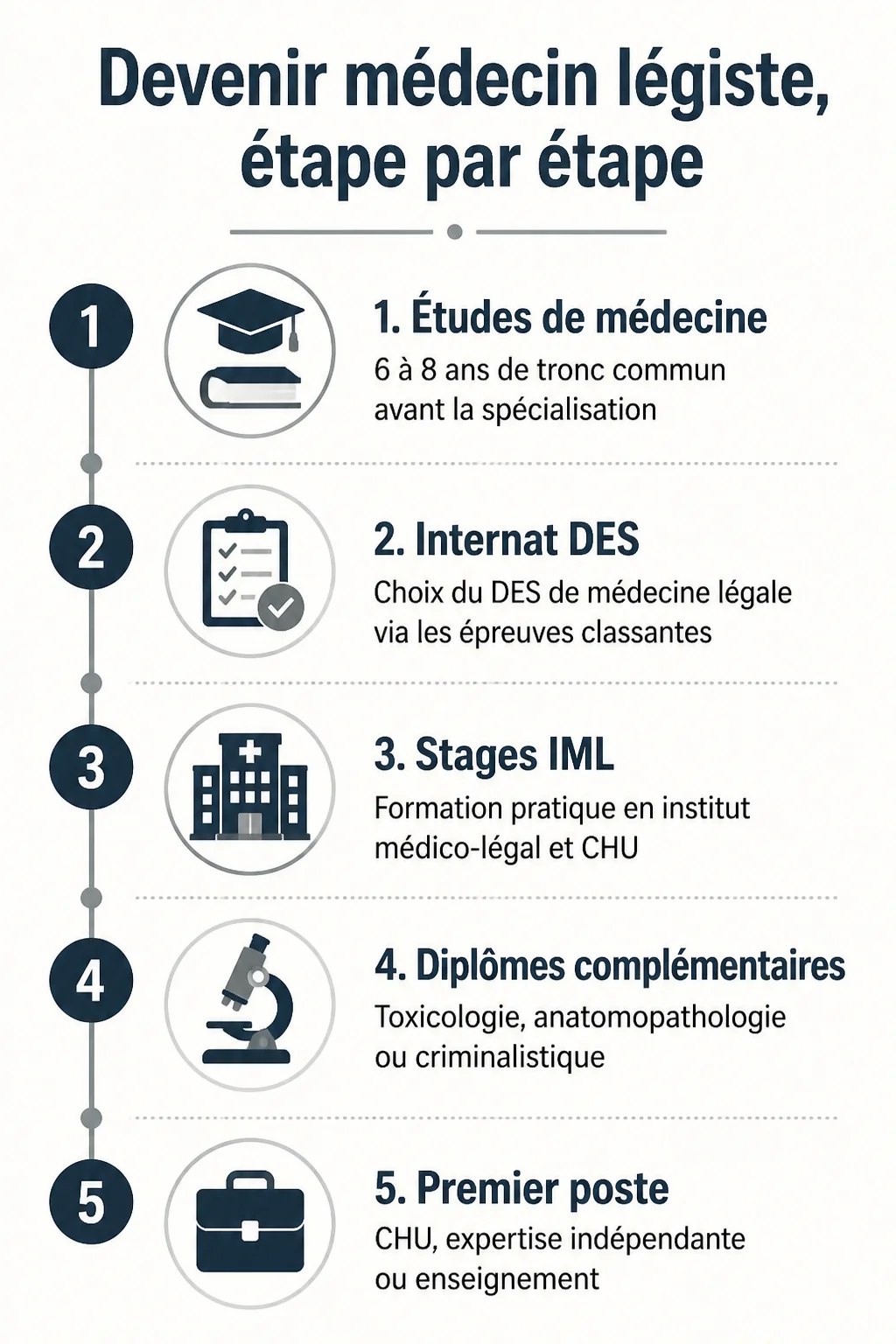 Devenir médecin légiste, étape par étape : 1. Études de médecine, 2. Internat DES, 3. Stages IML, 4. Diplômes complémentaires, 5. Premier poste