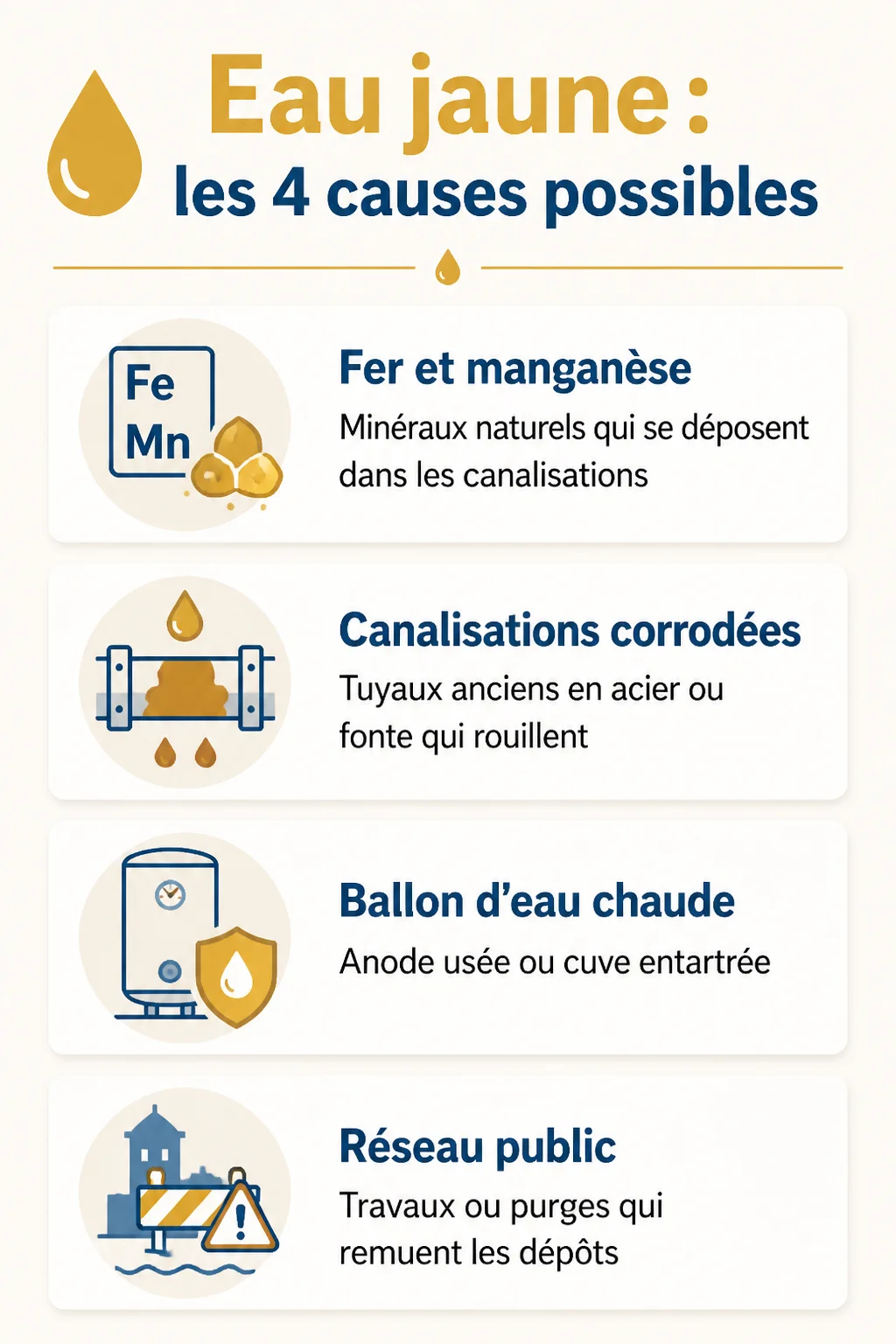Eau jaune : les 4 causes possibles : Fer et manganèse, Canalisations corrodées, Ballon d'eau chaude, Réseau public