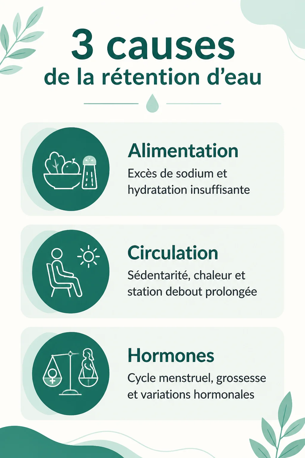 3 causes de la rétention d'eau : Alimentation, Circulation, Hormones