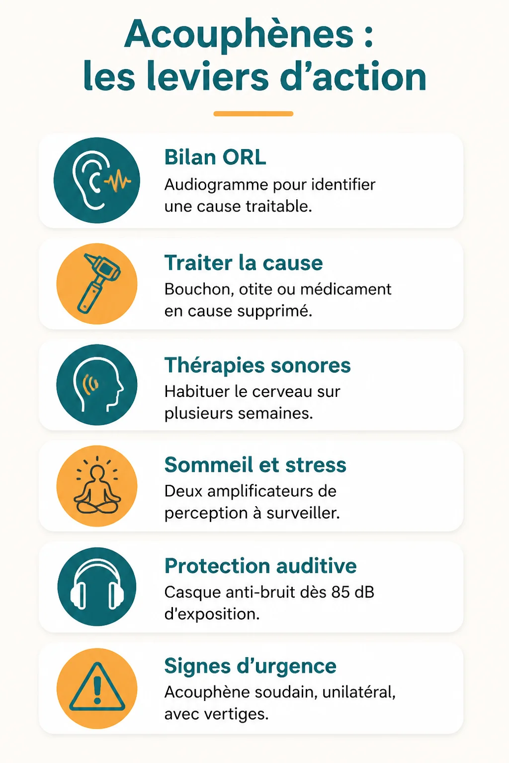 Acouphènes : les leviers d'action : Bilan ORL, Traiter la cause, Thérapies sonores, Sommeil et stress, Protection auditive, Signes d'urgence