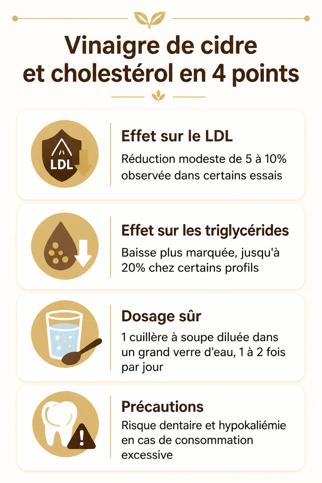 Vinaigre de cidre et cholestérol en 4 points : Effet sur le LDL, Effet sur les triglycérides, Dosage sûr, Précautions