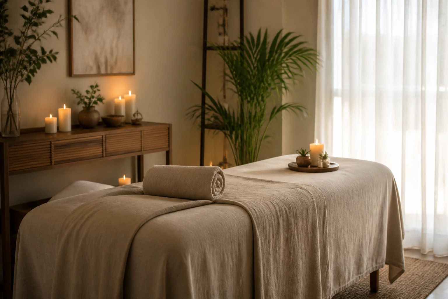 Salle de soin énergétique calme avec table de massage et lumière naturelle douce