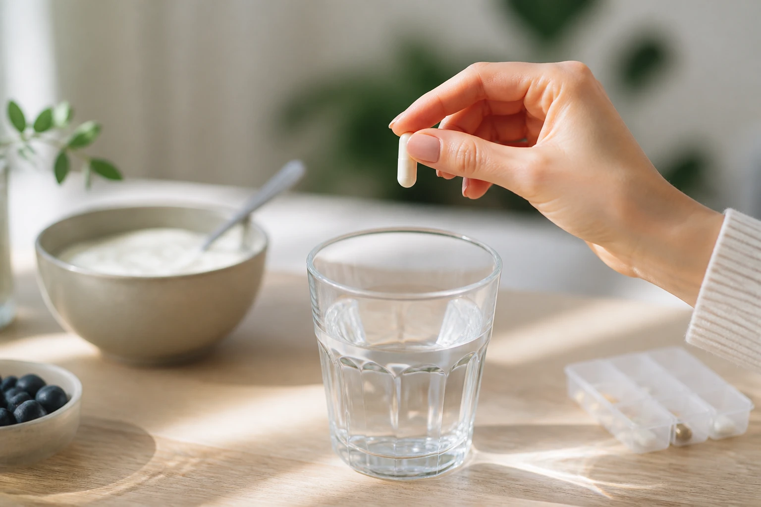 Main tenant une gélule de probiotique au-dessus d'un verre d'eau sur une table en bois