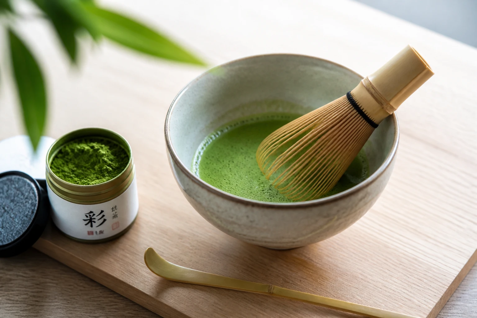 Bol de matcha vert vif fouetté au chasen en bambou sur une table en bois avec poudre de matcha