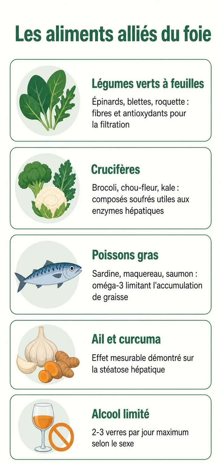 Les aliments alliés du foie : Légumes verts à feuilles, Crucifères, Poissons gras, Ail et curcuma, Alcool limité