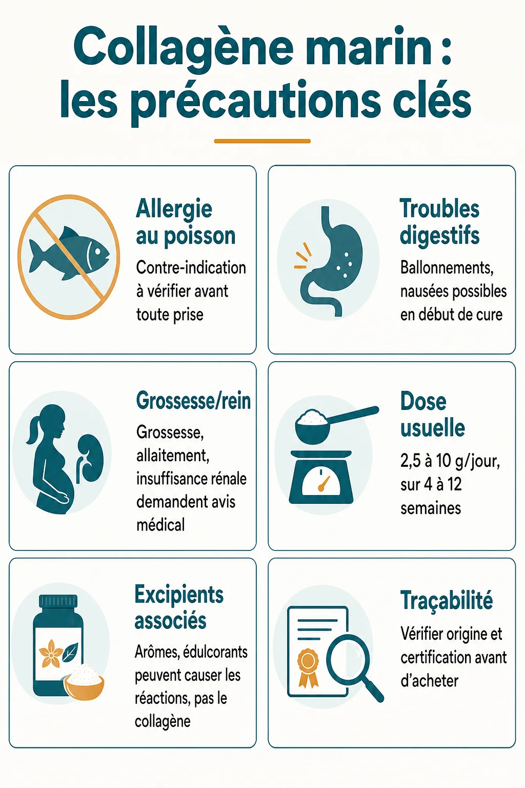 Collagène marin : les précautions clés : Allergie au poisson, Troubles digestifs, Grossesse/rein, Dose usuelle, Excipients associés, Traçabilité
