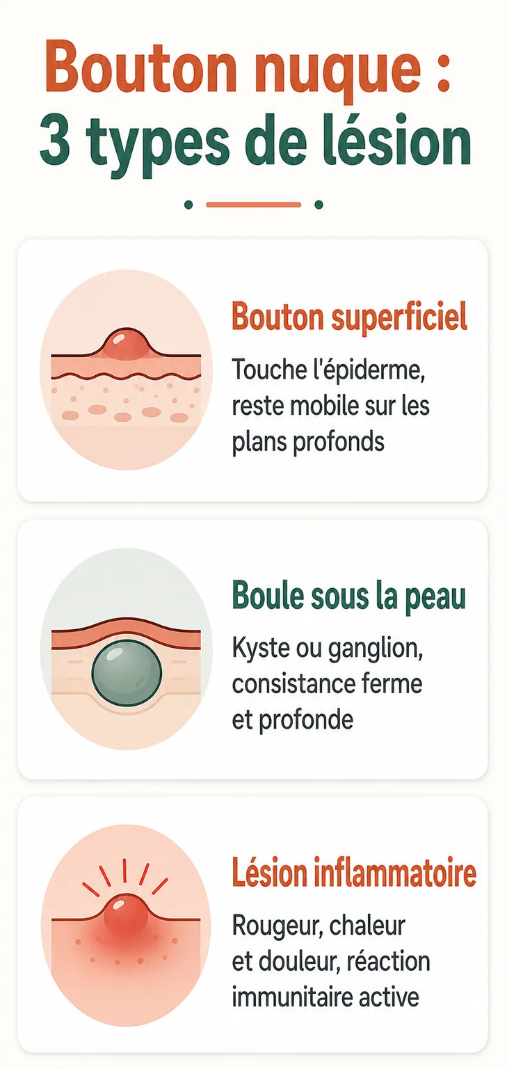 Bouton nuque : 3 types de lésion : Bouton superficiel, Boule sous la peau, Lésion inflammatoire