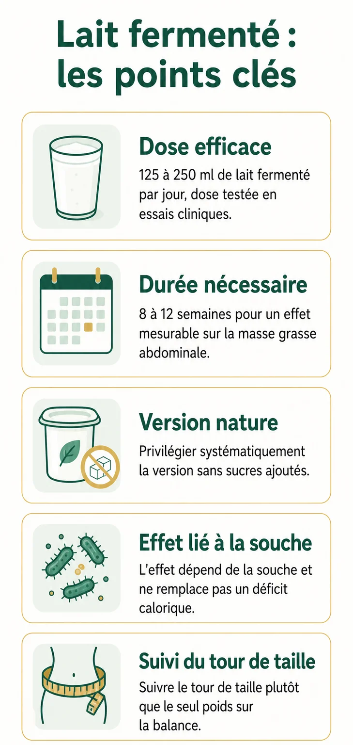 Lait fermenté : les points clés : Dose efficace, Durée nécessaire, Version nature, Effet lié à la souche, Suivi du tour de taille