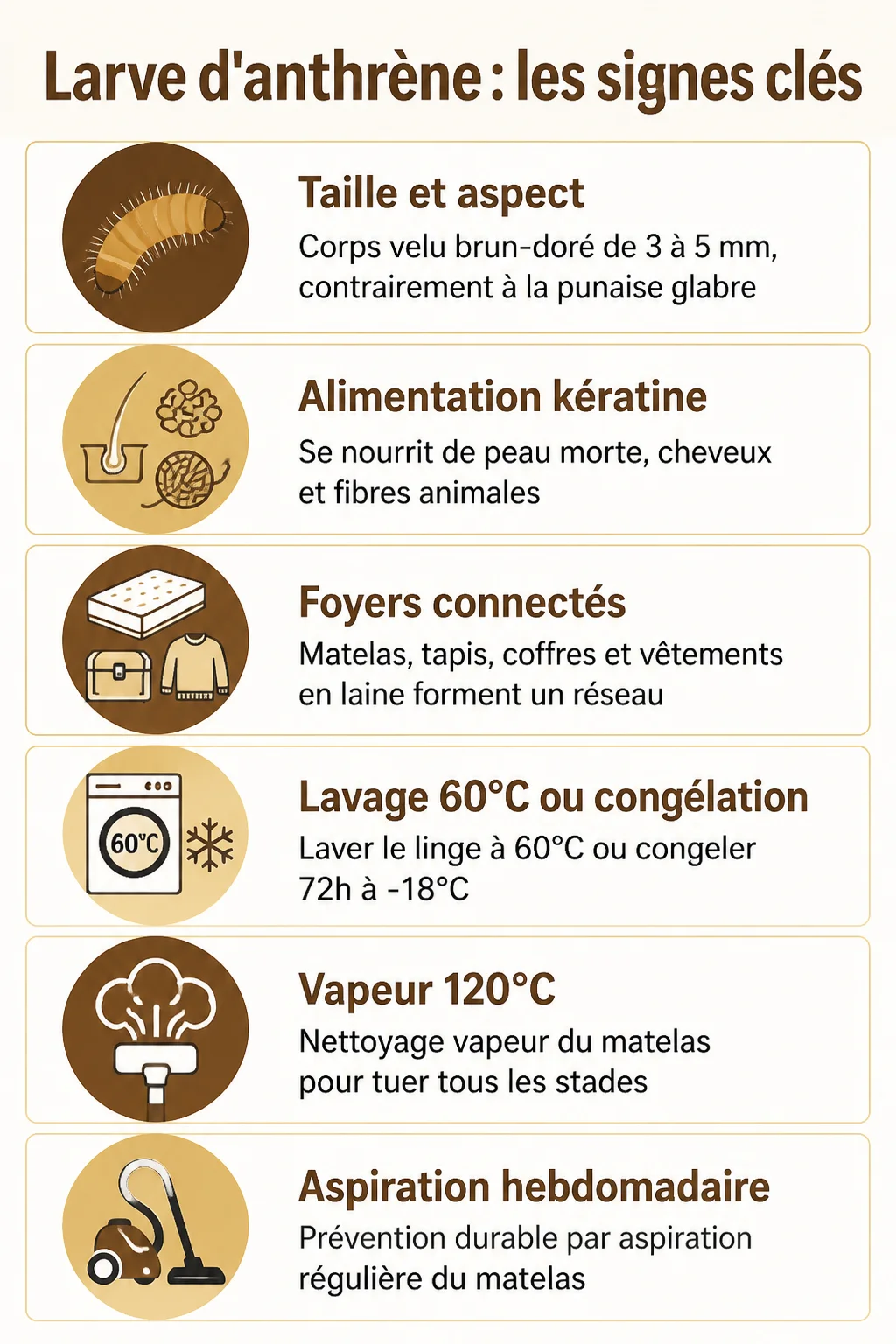Larve d'anthrène : les signes clés : Taille et aspect, Alimentation kératine, Foyers connectés, Lavage 60°C ou congélation, Vapeur 120°C, Aspiration hebdomadaire