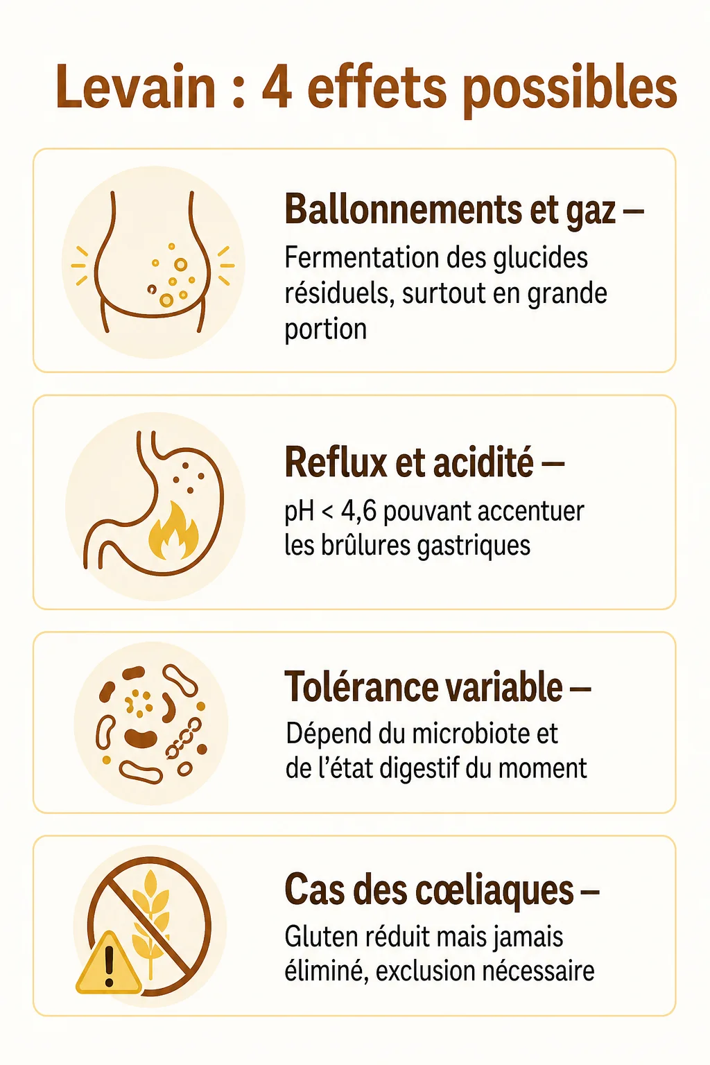 Levain : 4 effets possibles : Ballonnements et gaz, Reflux et acidité, Tolérance variable, Cas des cœliaques