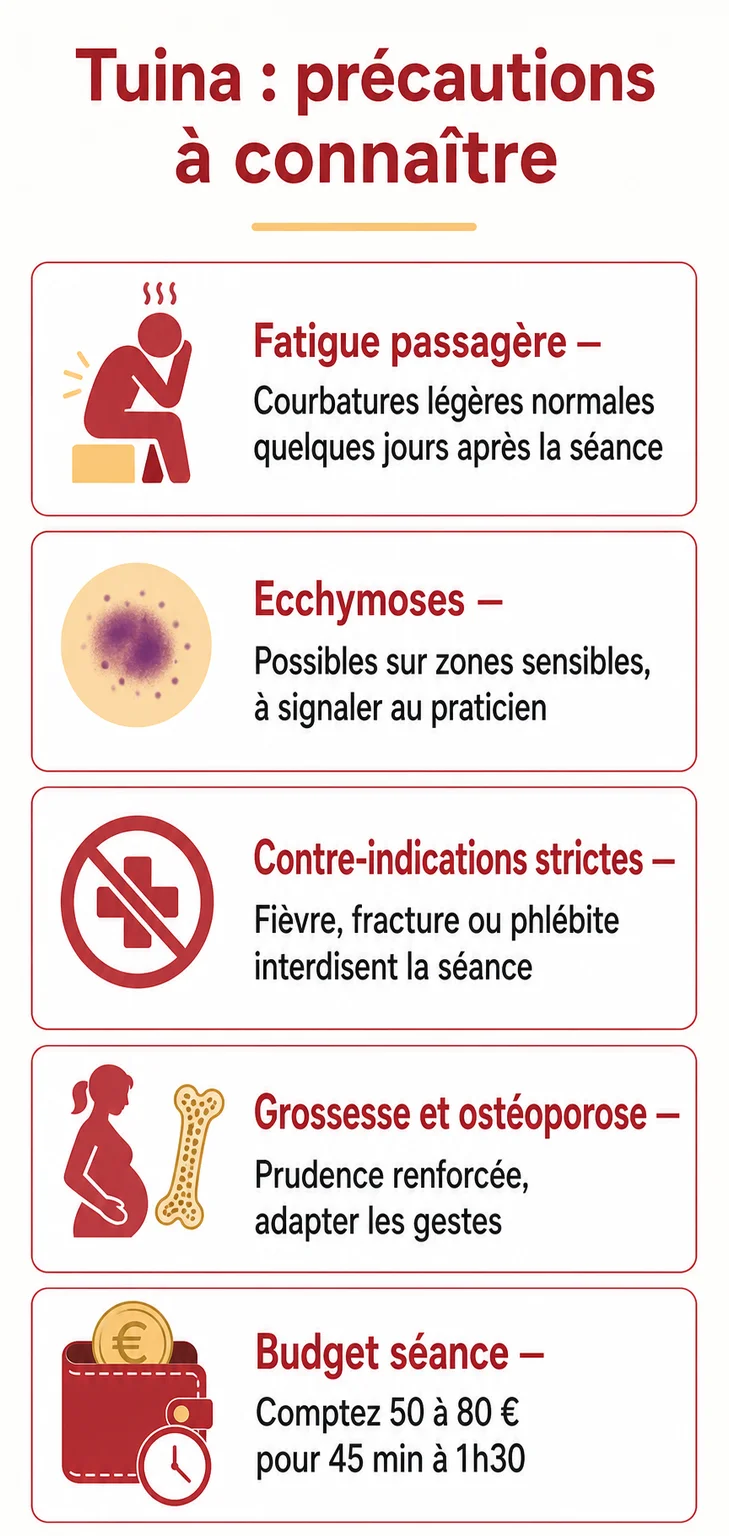 Tuina : précautions à connaître : Fatigue passagère, Ecchymoses, Contre-indications strictes, Grossesse et ostéoporose, Budget séance