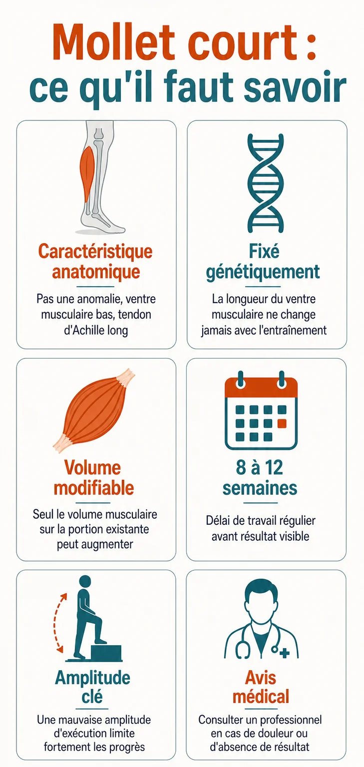 Mollet court : ce qu'il faut savoir : Caractéristique anatomique, Fixé génétiquement, Volume modifiable, 8 à 12 semaines, Amplitude clé, Avis médical