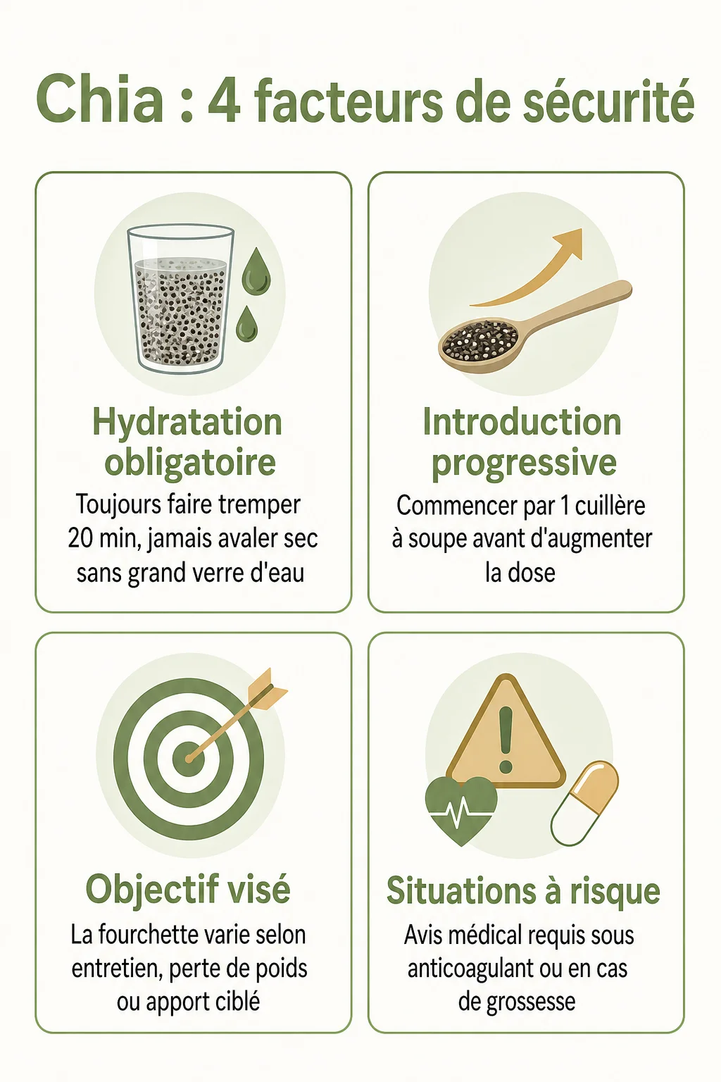 Chia : 4 facteurs de sécurité : Hydratation obligatoire, Introduction progressive, Objectif visé, Situations à risque