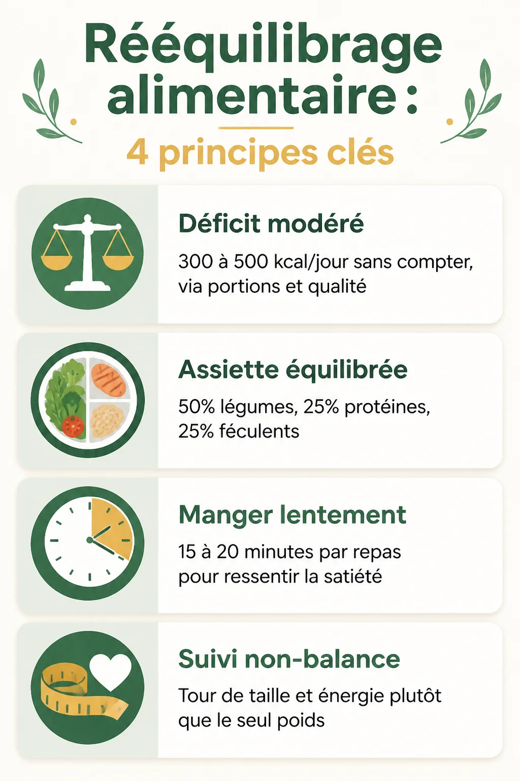 Rééquilibrage alimentaire : 4 principes clés : Déficit modéré, Assiette équilibrée, Manger lentement, Suivi non-balance