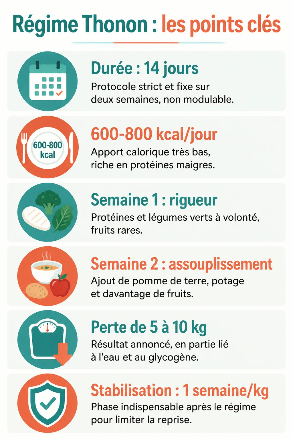 Régime Thonon : les points clés : Durée : 14 jours, 600-800 kcal/jour, Semaine 1 : rigueur, Semaine 2 : assouplissement, Perte de 5 à 10 kg, Stabilisation : 1 semaine/kg