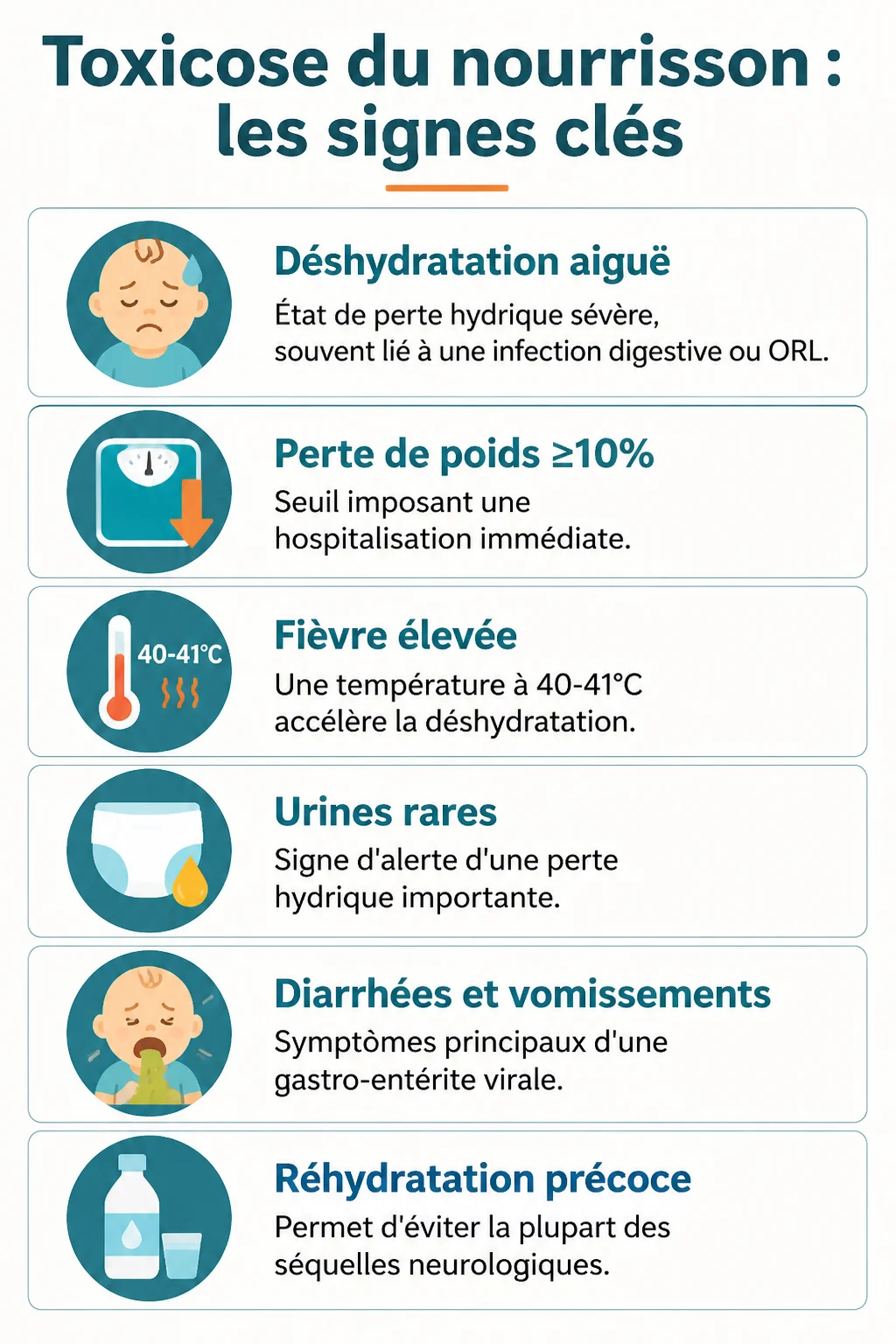 Toxicose du nourrisson : les signes clés : Déshydratation aiguë, Perte de poids ≥10%, Fièvre élevée, Urines rares, Diarrhées et vomissements, Réhydratation précoce
