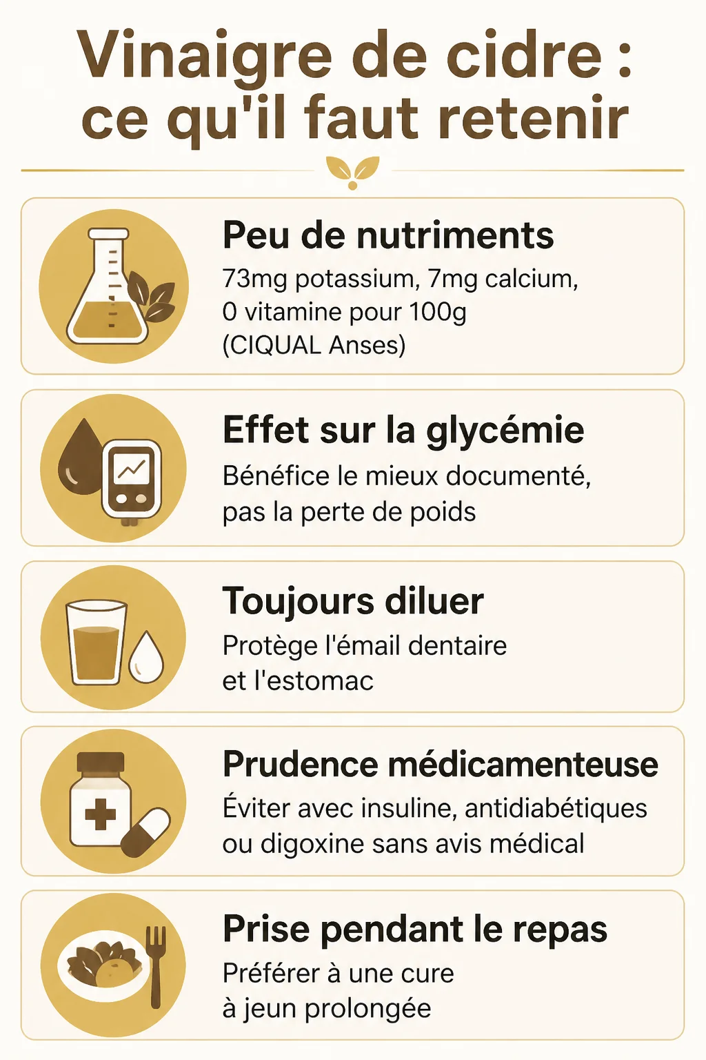 Vinaigre de cidre : ce qu'il faut retenir : Peu de nutriments, Effet sur la glycémie, Toujours diluer, Prudence médicamenteuse, Prise pendant le repas