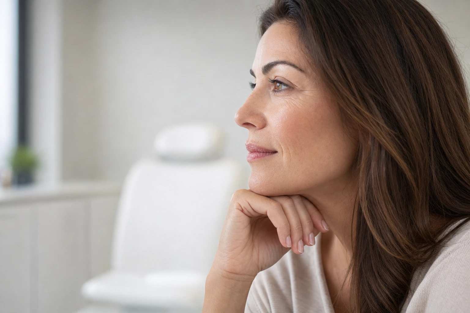 Femme de profil examinant son menton, illustration des causes du double menton