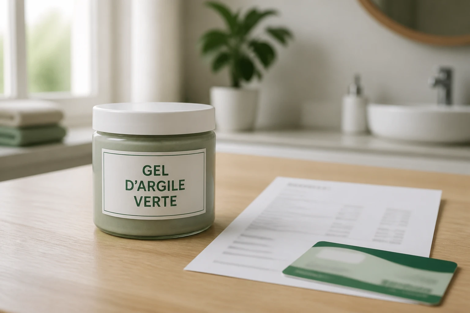 Pot de gel d'argile verte Phytargile posé à côté d'une facture de pharmacie et d'une carte de mutuelle