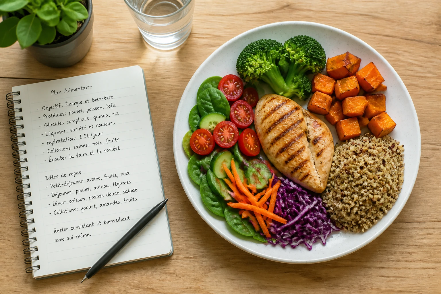 Assiette équilibrée avec légumes, protéines et céréales complètes à côté d'un carnet de plan alimentaire