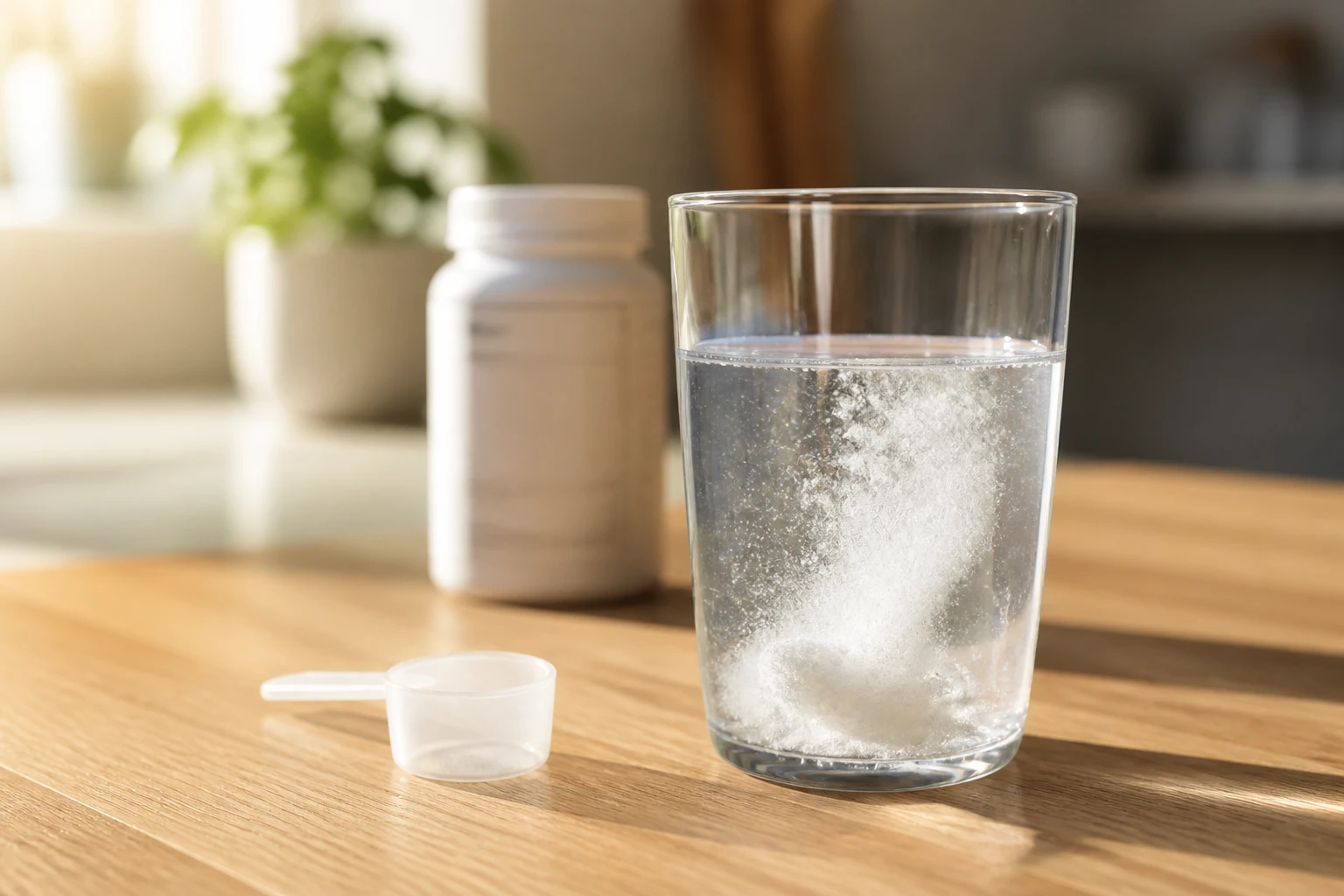 Verre d'eau avec poudre de glutamine dissoute posé sur un plan de travail en bois le matin