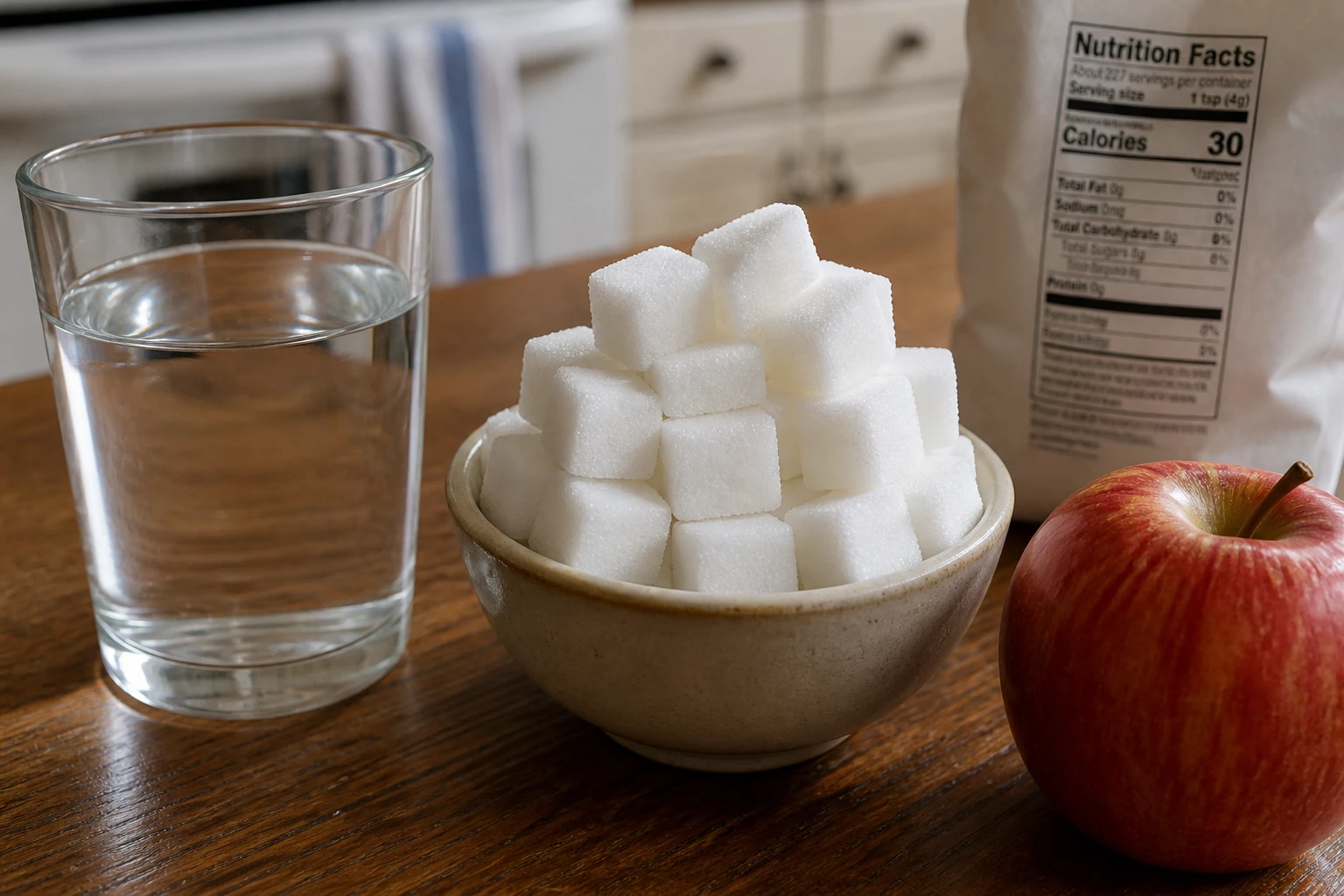 Morceaux de sucre et étiquette nutritionnelle illustrant la quantité de sucre recommandée par jour