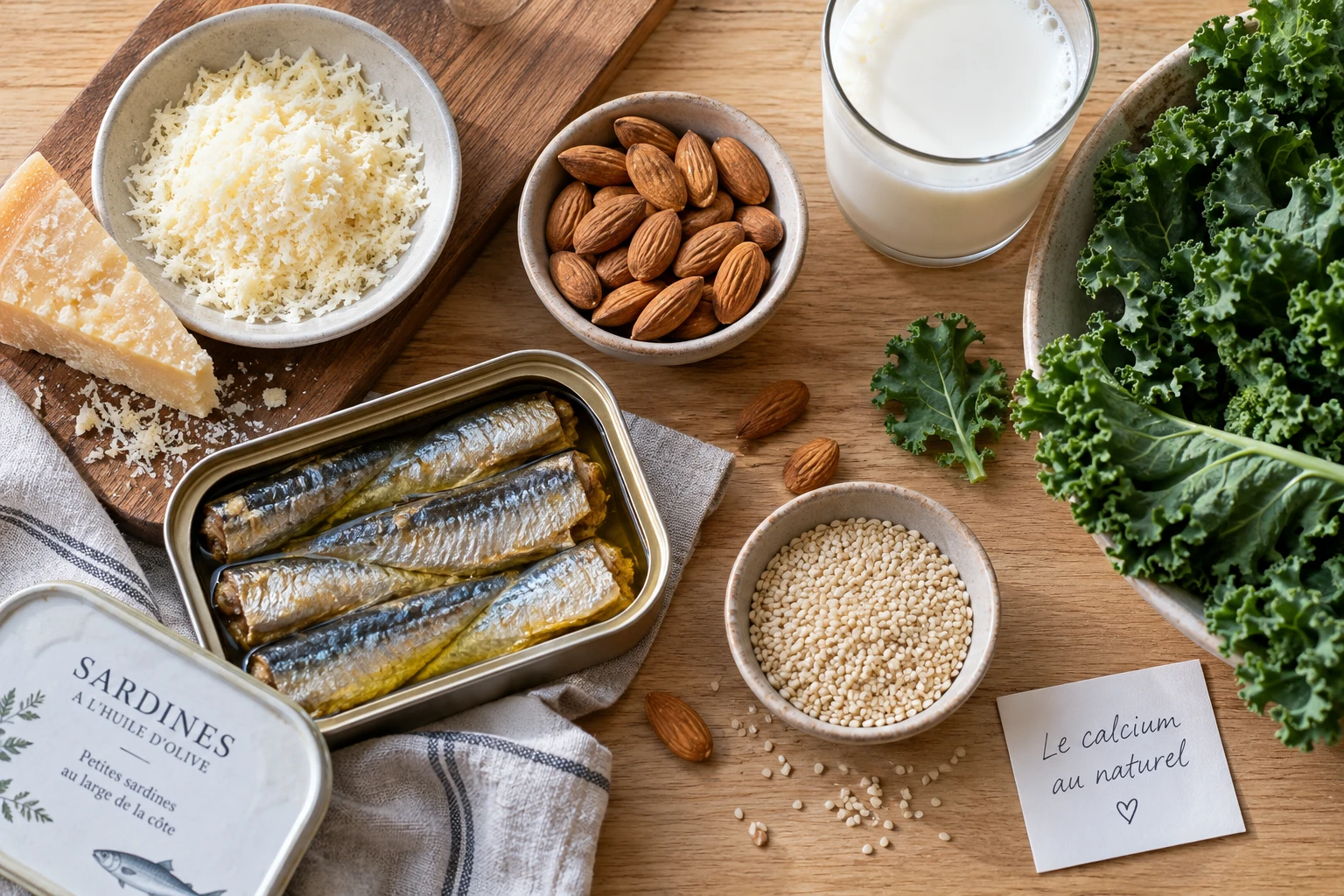 Aliments riches en calcium disposés sur une table : fromage, sardines, amandes et légumes verts