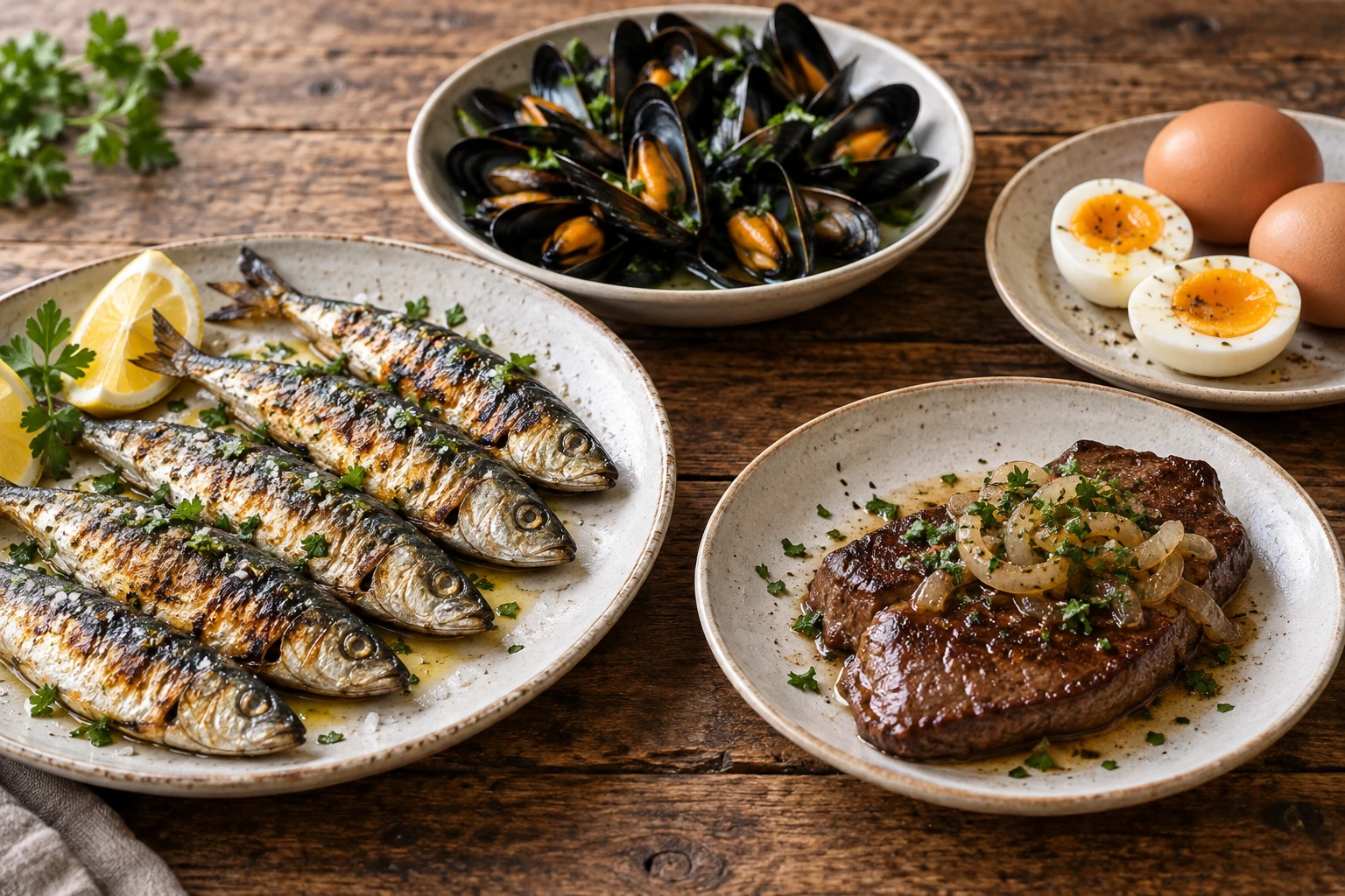 Assortiment d'aliments riches en vitamine B12 : sardines, moules, foie de bœuf et œufs sur une table en bois