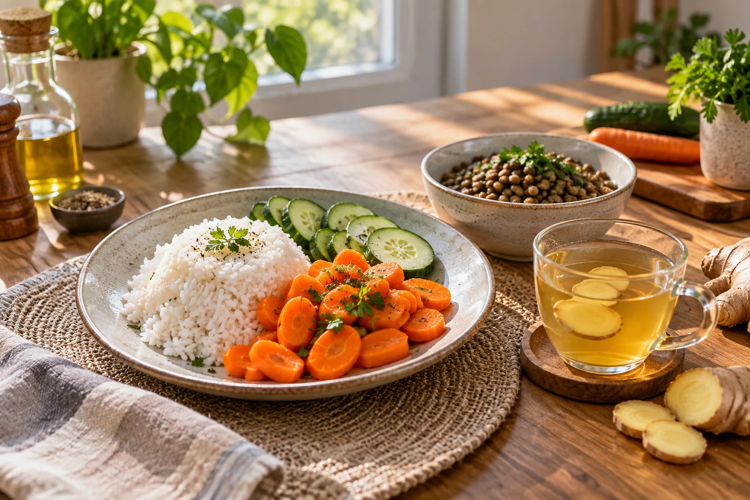 Assiette de riz, carottes et concombre facile à digérer pour un ventre sensible