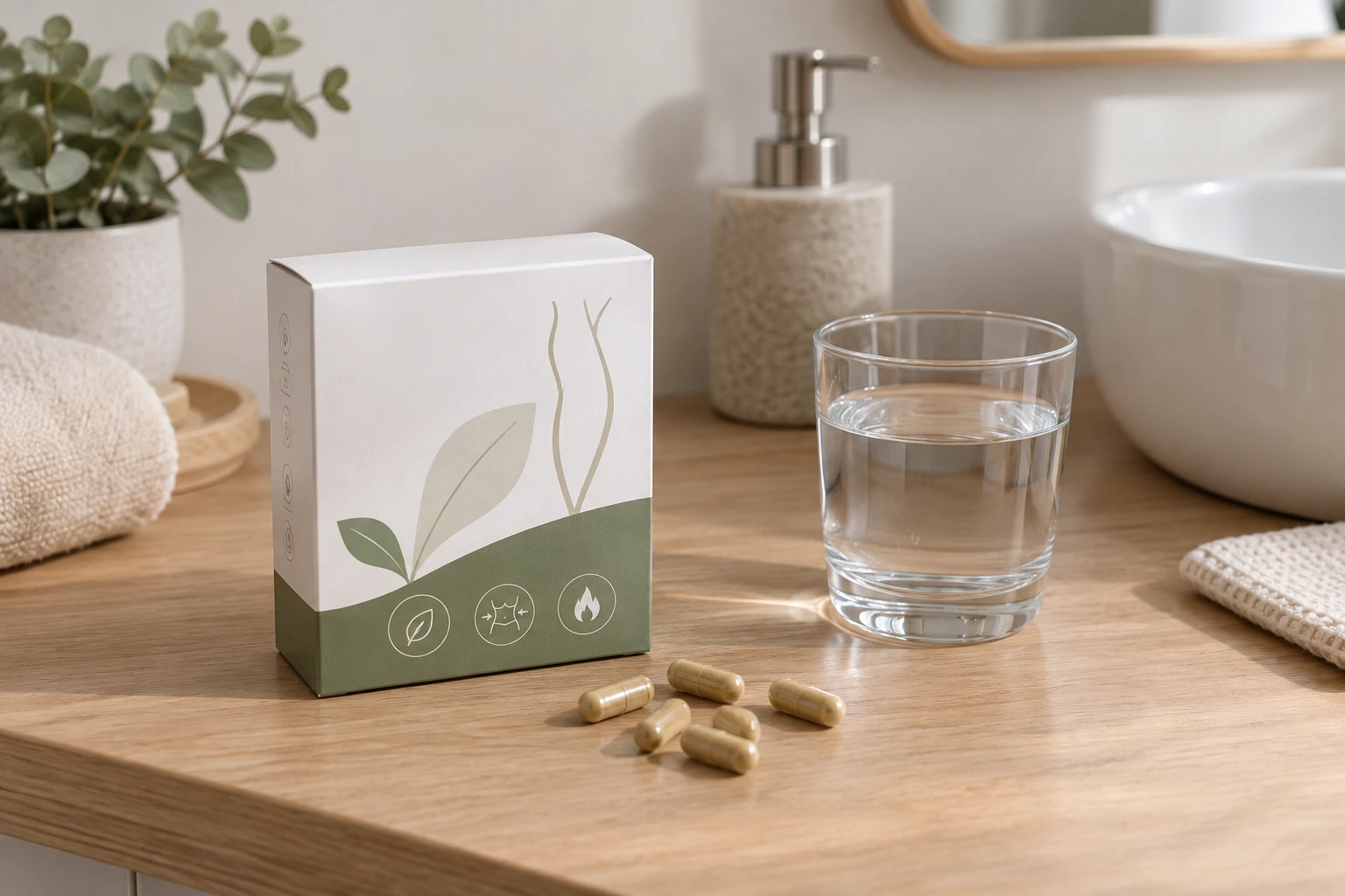 Boîte de gélules Anaca3 Perte de poids posée à côté d'un verre d'eau sur une table en bois