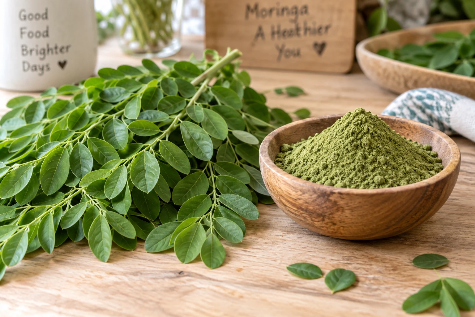 Feuilles de moringa fraîches et poudre verte dans un bol en bois sur une table