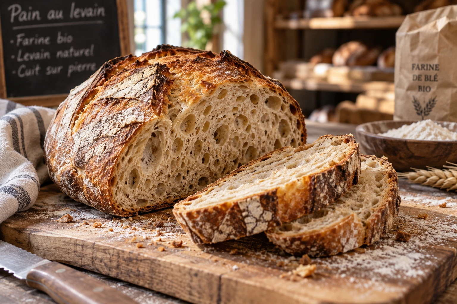 Pain au levain artisanal tranché sur planche en bois avec mie alvéolée visible