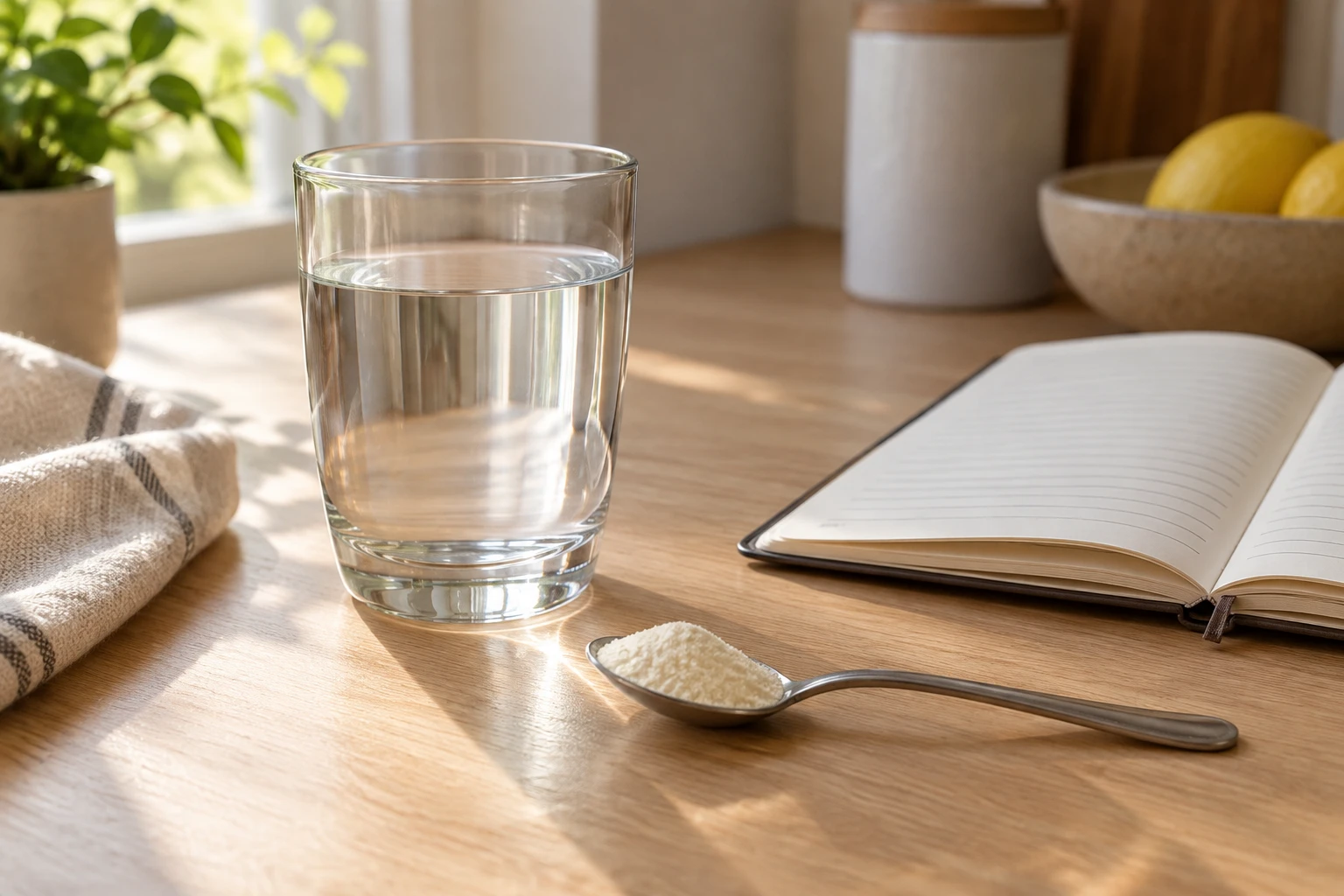 Poudre de collagène, verre d'eau et carnet de suivi sur une table en bois pour une cure