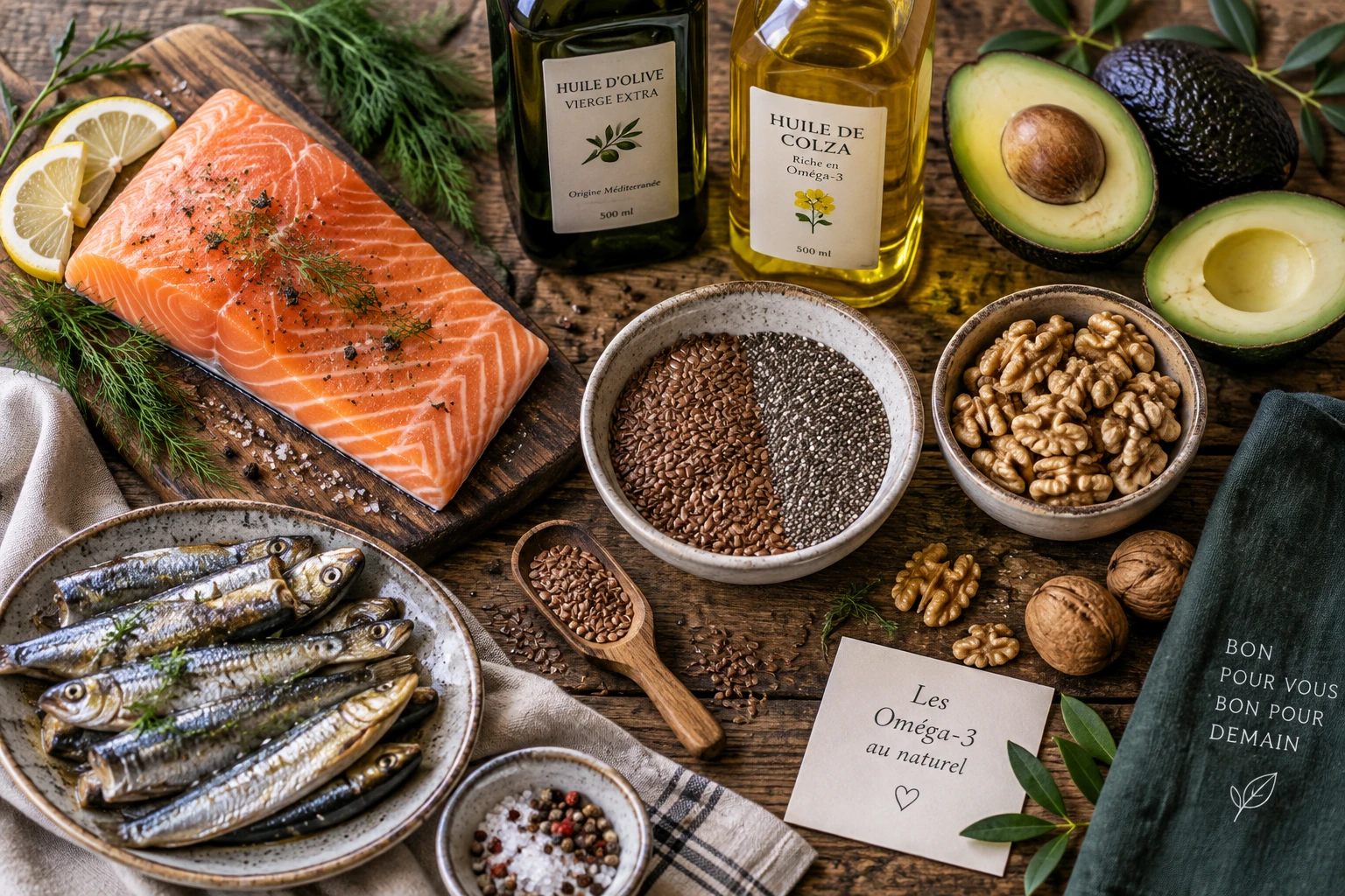 Sources alimentaires d'oméga 3, 6 et 9 : poissons gras, huiles, graines et oléagineux sur une table en bois