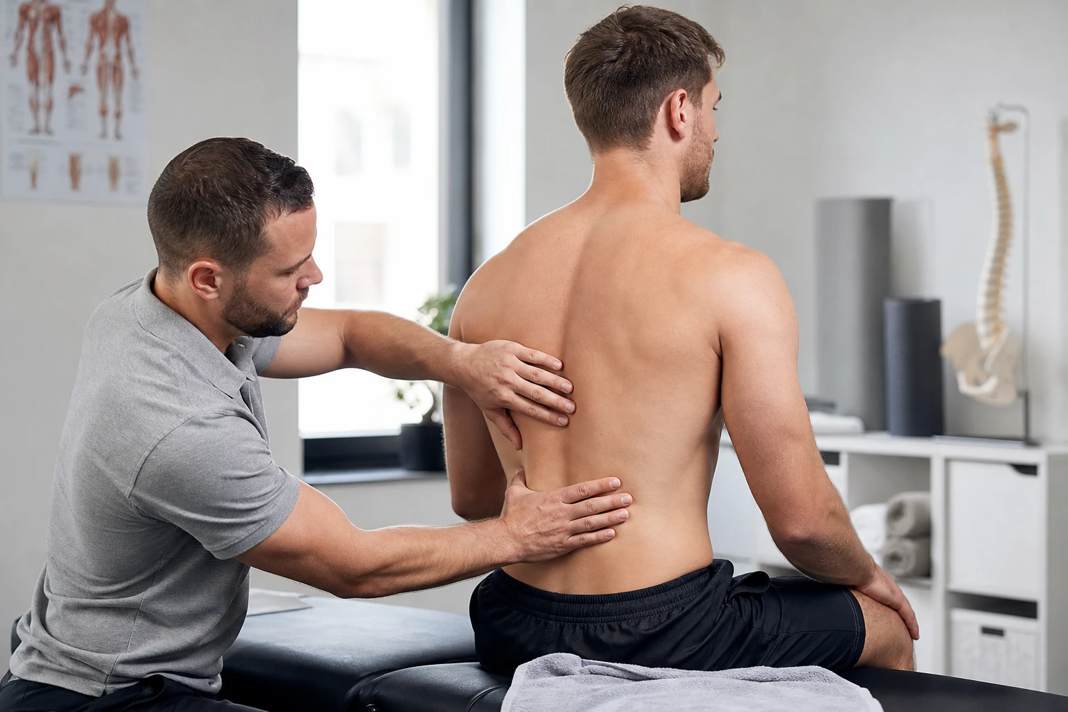 Kinésithérapeute examinant le grand dorsal d'un patient sportif en cabinet médical