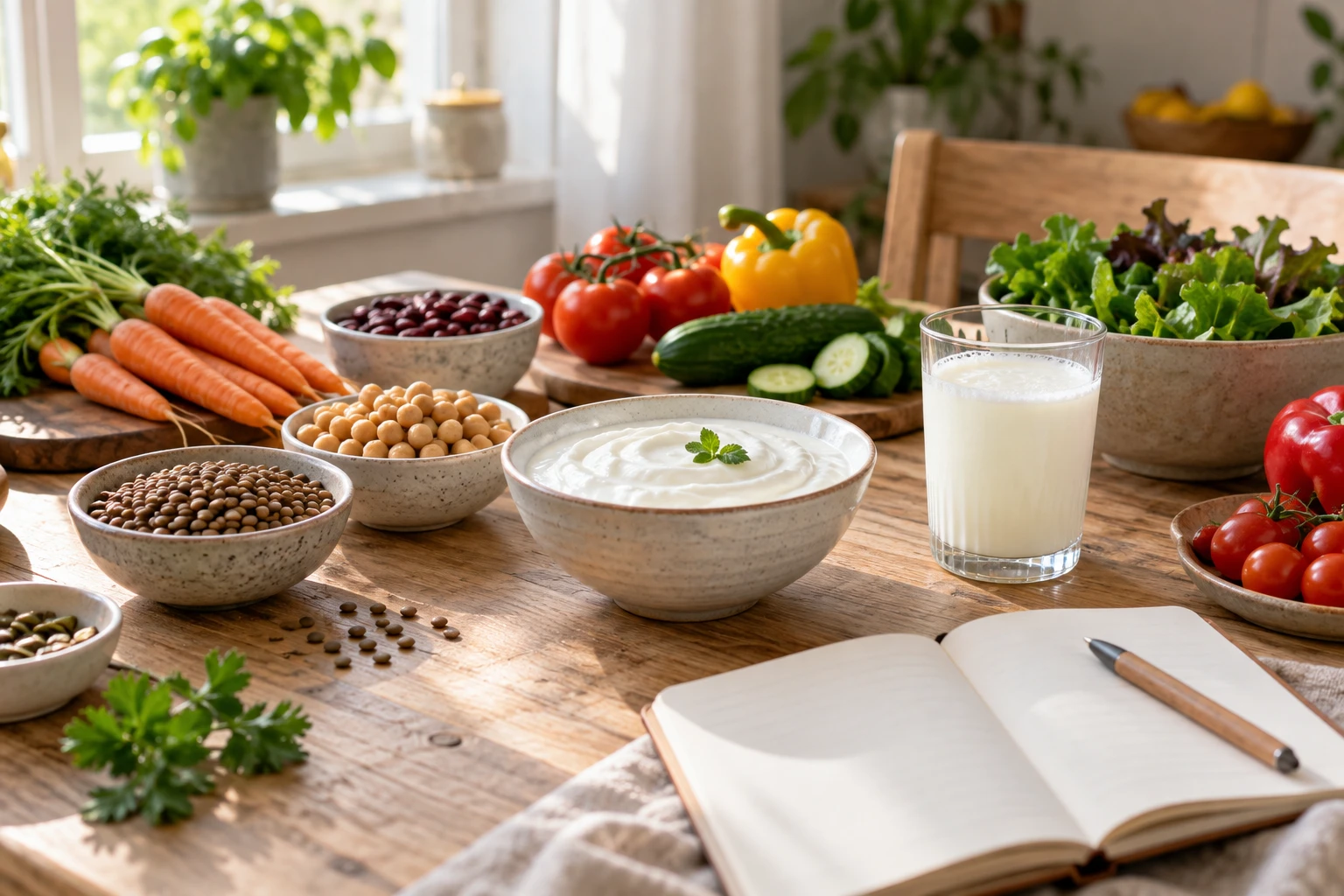 Table de cuisine avec yaourt, légumineuses, légumes frais et kéfir pour équilibrer la flore intestinale