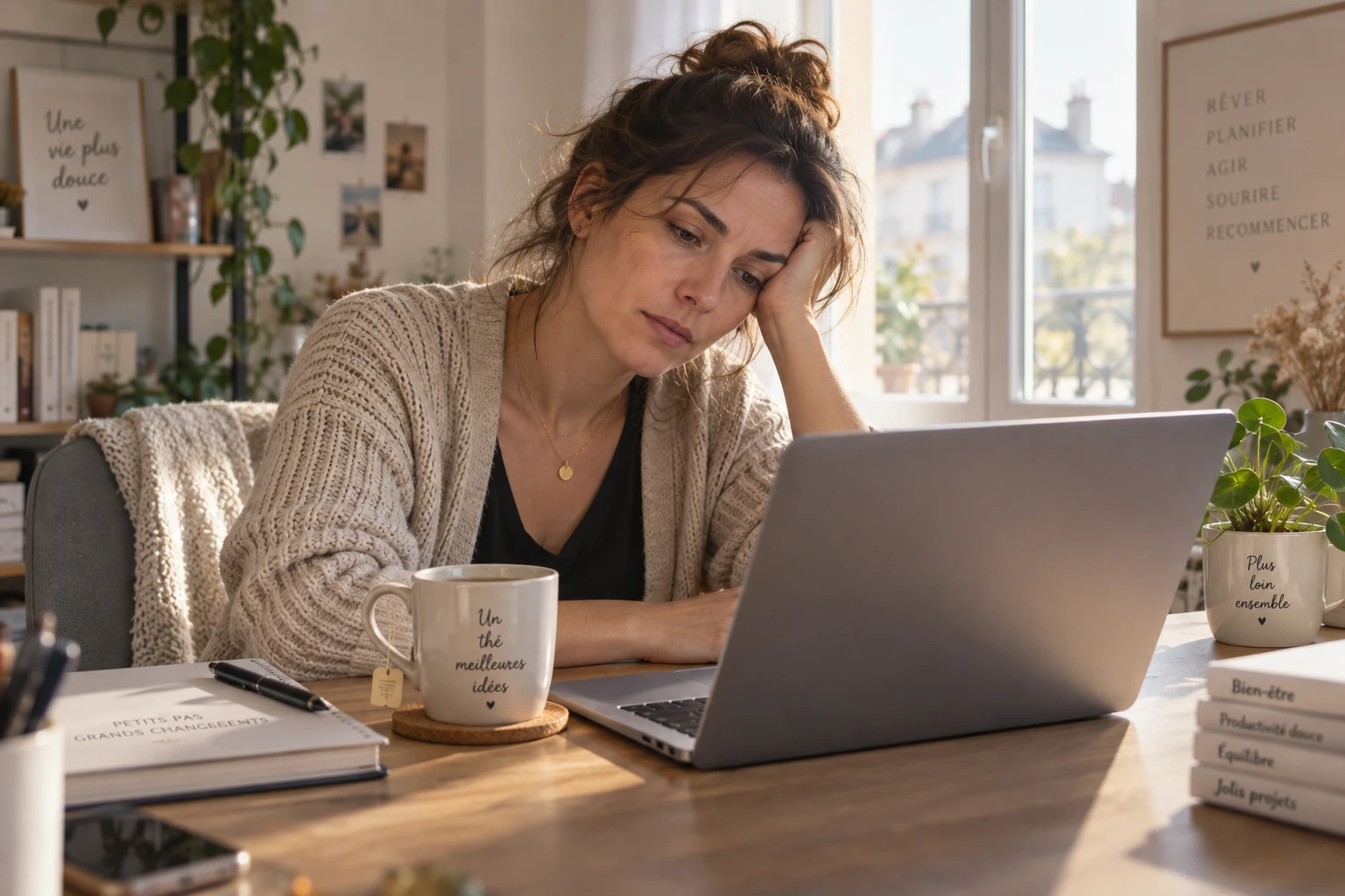 Femme fatiguée devant son ordinateur portable à son bureau, illustrant la fatigue mentale au travail