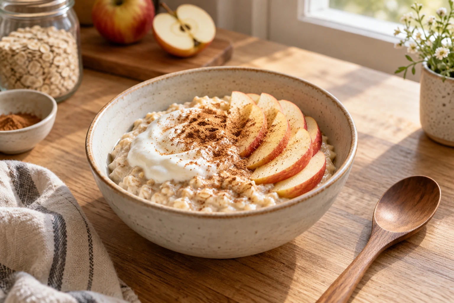 Bol de porridge d'avoine avec yaourt, pomme et cannelle sur une table en bois