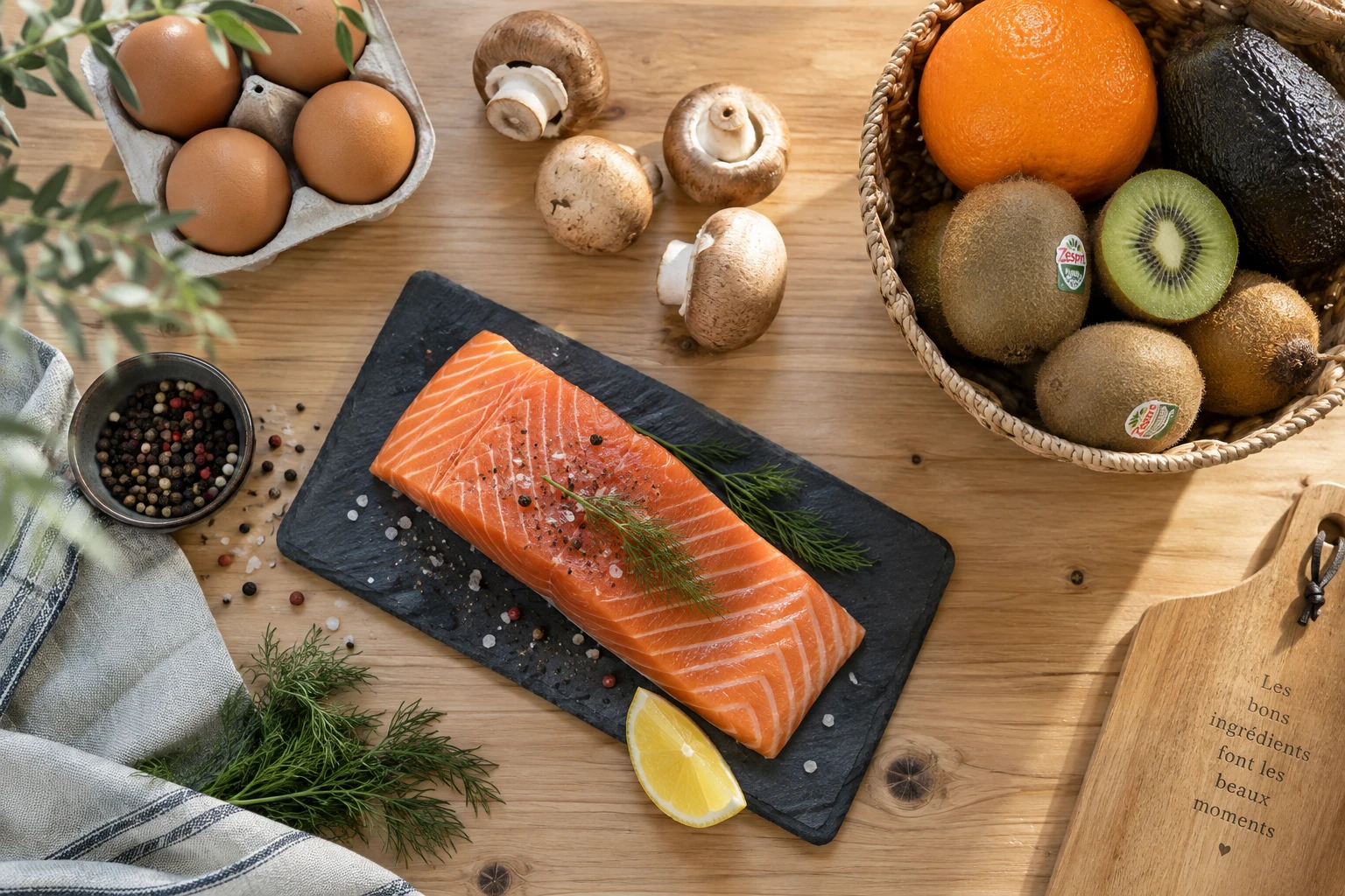 Saumon, œufs, champignons et fruits sur une table en bois pour illustrer les sources de vitamine D