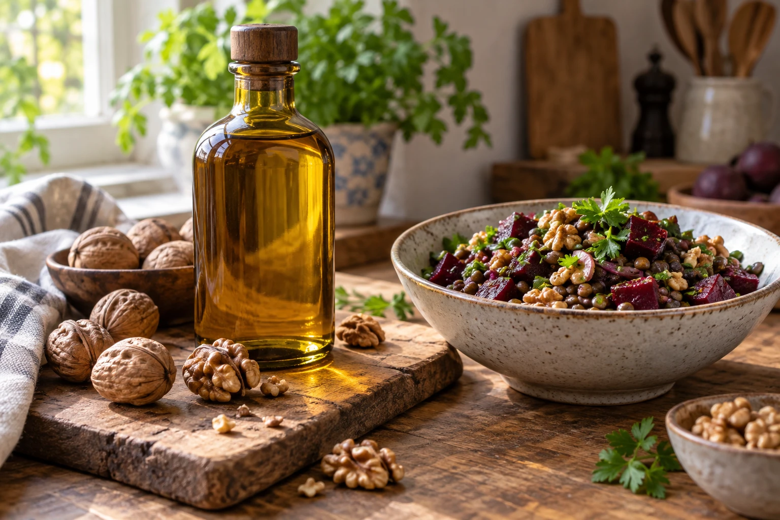 Bouteille d'huile de noix en verre teinté entourée de cerneaux de noix sur planche en bois