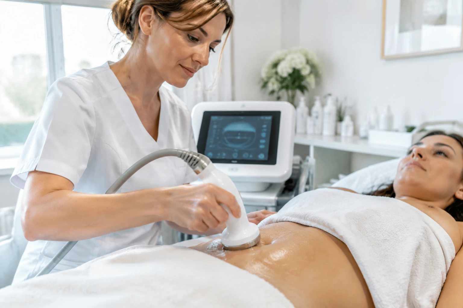 Séance de lipocavitation sur le ventre dans une cabine de soin avec pièce à main à ultrasons