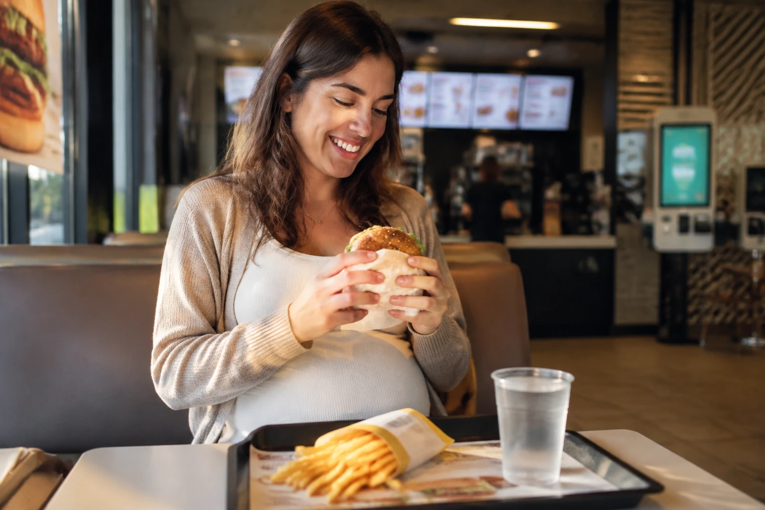 Femme enceinte souriante mangeant un burger bien cuit avec des frites à table