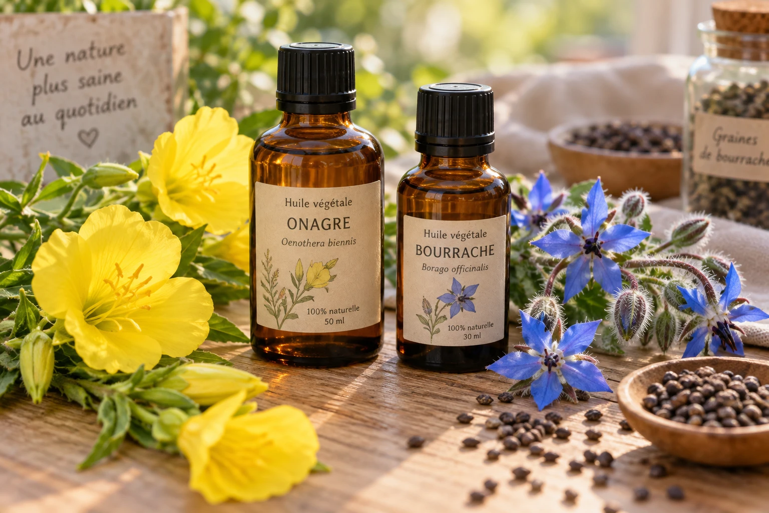 Bouteilles d'huile d'onagre et de bourrache entourées de leurs fleurs jaunes et bleues