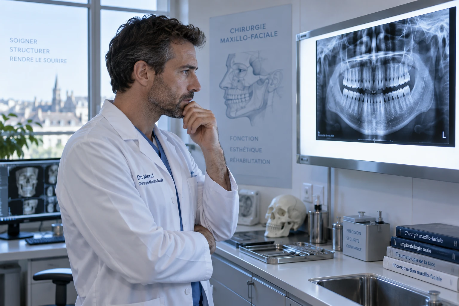 Chirurgien examinant une radiographie de mâchoire après une opération maxillo-faciale