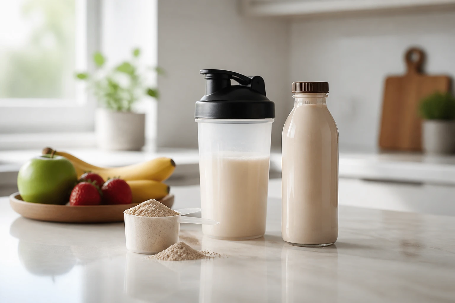 Shaker de protéine et boisson substitut de repas sur un plan de travail avec fruits frais