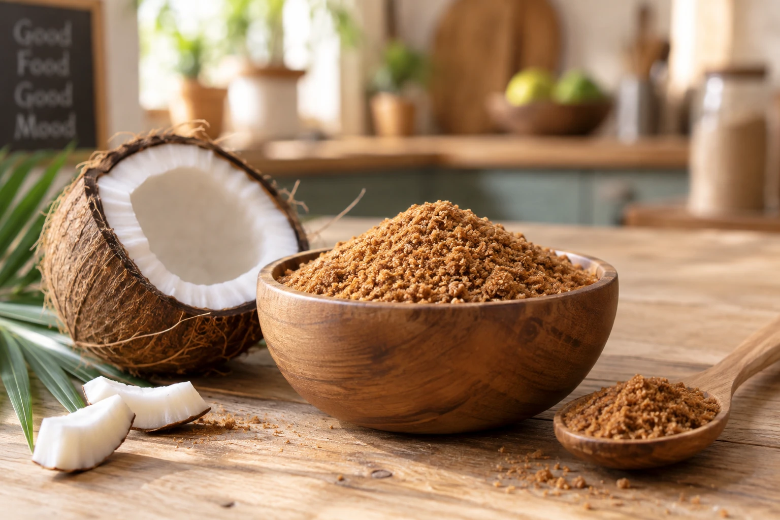 Bol de sucre de coco brun granuleux avec une noix de coco entrouverte à côté sur une table en bois