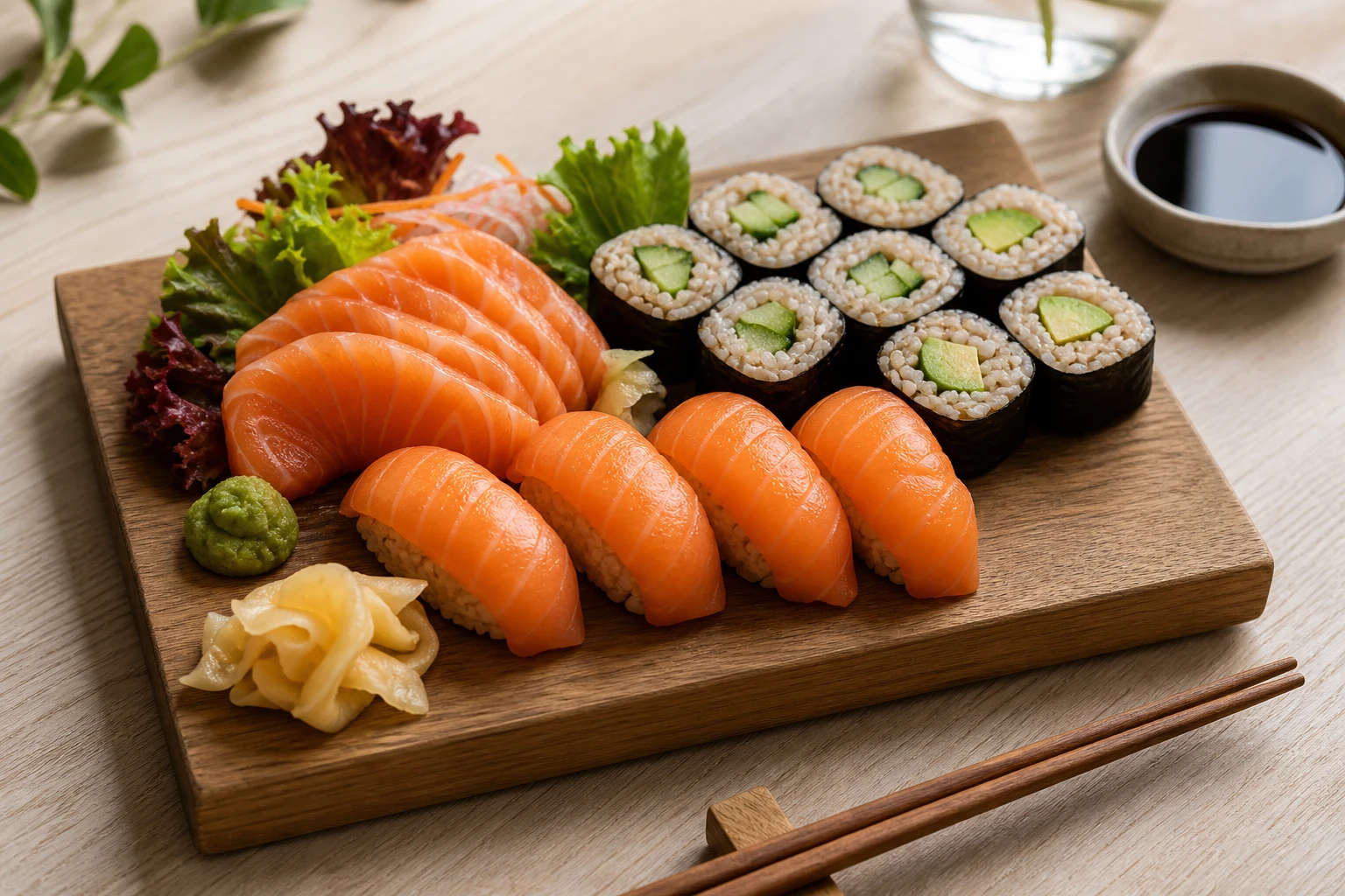 Plateau de sushis healthy avec nigiri saumon, sashimi et maki avocat-concombre sur riz complet