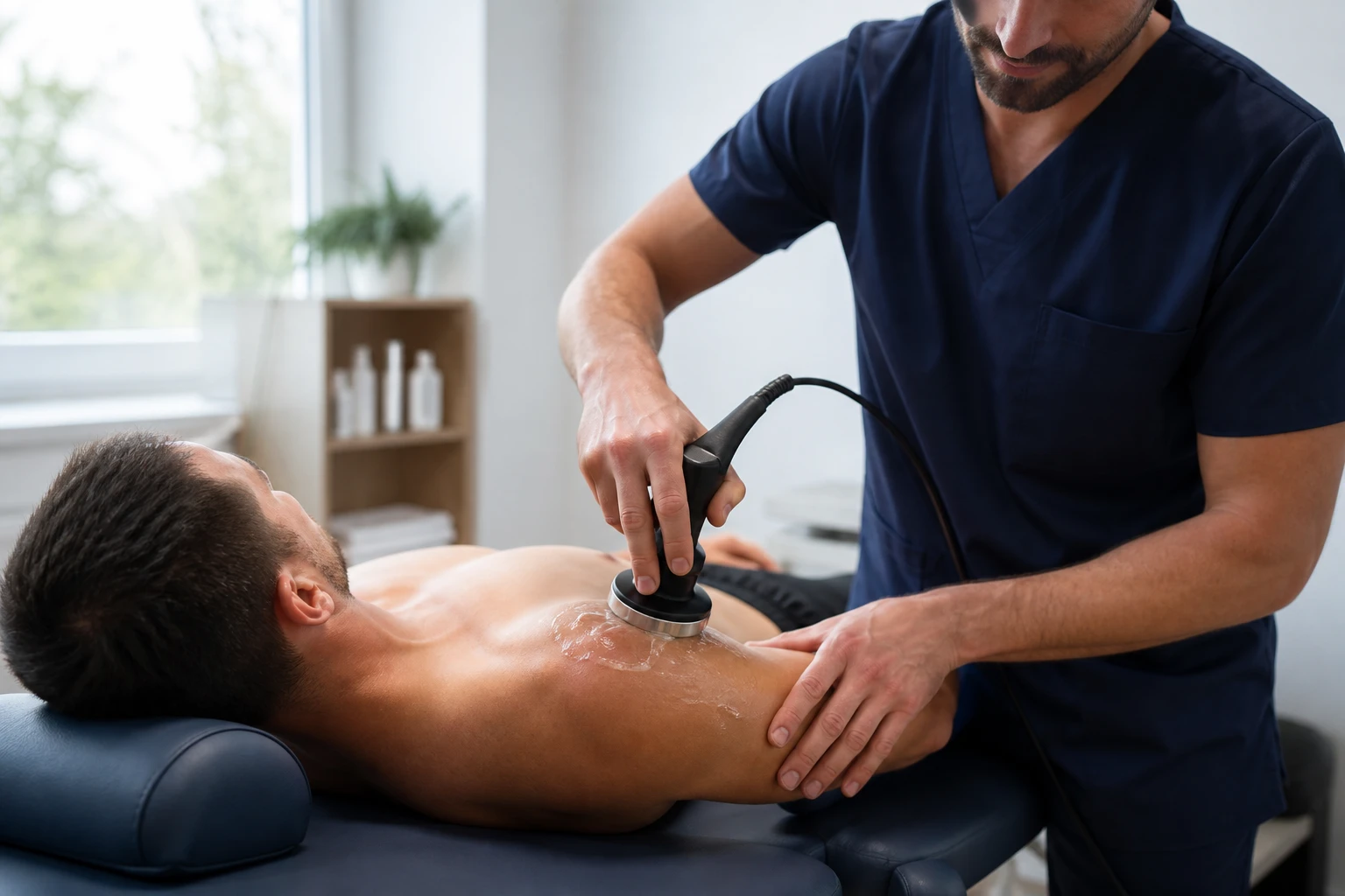 Kinésithérapeute réalisant une séance de tecarthérapie sur l'épaule d'un patient